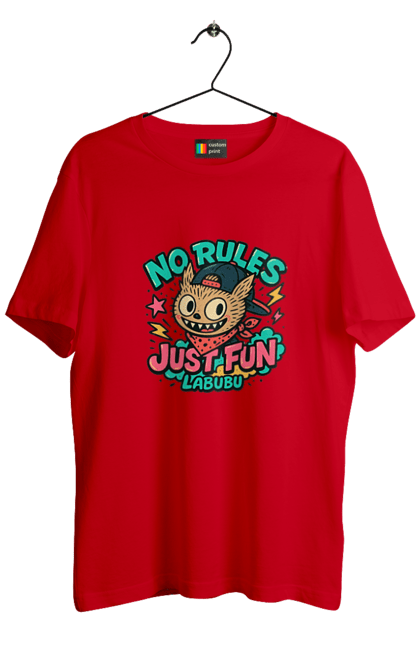 Футболка чоловіча з принтом "Лабубу". Norulesjustfun, y2k, бандана, вуличний стиль, грайливий, графіті, зухвалий, лабубу, ретромультяшка, яскраво. 2070702