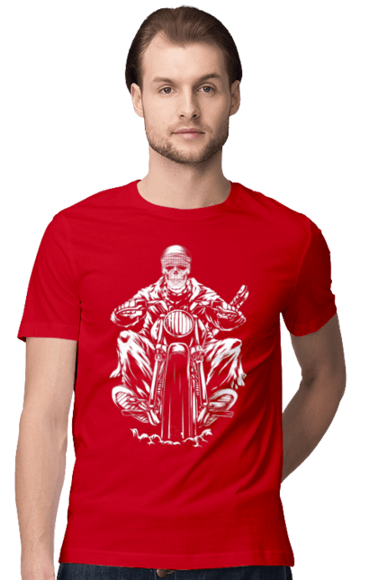 Футболка чоловіча з принтом "Череп на мотоциклі". Байкер, мотоцикл, скелет, череп. 2070702