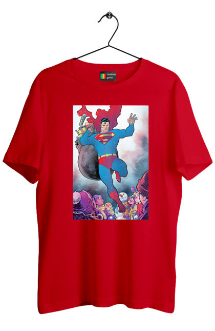 Футболка чоловіча з принтом "Супермен із подарунками". Action, comics, detective comics, superheroes, superman. CustomPrint.market