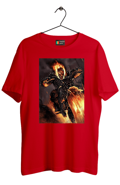 Футболка чоловіча з принтом "Пекельний Гонщик". Вогонь, мотоцикл, пекельний гонщик, скелет, чоппер. 2070702