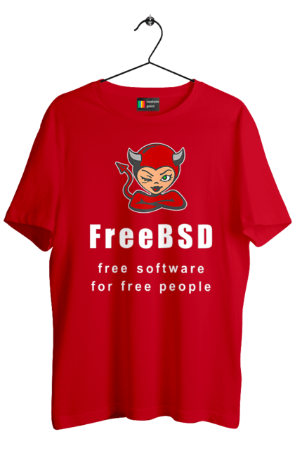 Футболка чоловіча з принтом "Freebsd Для Вільних". Bsd, freebsd, unix, адміністратор, айті, айтішник, безкоштовна, безкоштовно, бестія, білий, вільна, демон, демонесса, доступність, незалежність, операційна система, ос, програміст, програмне забезпечення, свобода, сисадмін, система, системний адміністратор, софт, текст, червоний. 2070702
