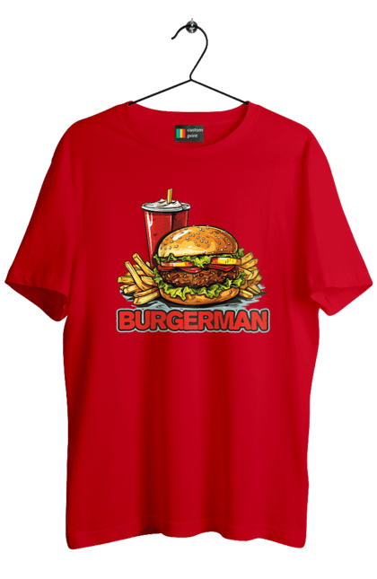 Футболка чоловіча з принтом "Burgerman". Бургер, для чоловіків, їжа, літні, макдональдс, прикольні, трендові, фаст фуд, чоловічі. 2070702