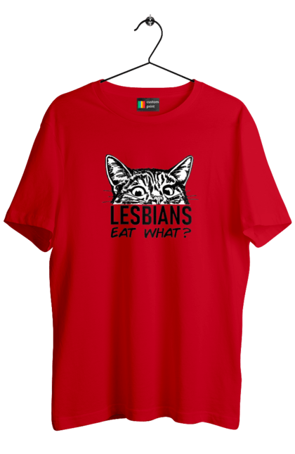 Men`s t-shirt with prints What do lesbians eat?. Funny inscriptions, humor, jokes, kittens, lesbians, lgbt. 2070702