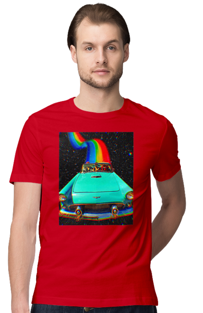 Футболка чоловіча з принтом "Картина, машина у космосі". Веселка, картина, космос, машина, подорожі, поїздка, прикол, ретро. 2070702