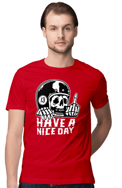 Футболка мужская с принтом Хорошего дня. Байкерская, крутая, с черепом, тринадцать, фак, хеллоуин, хорошего дня, череп. 2070702