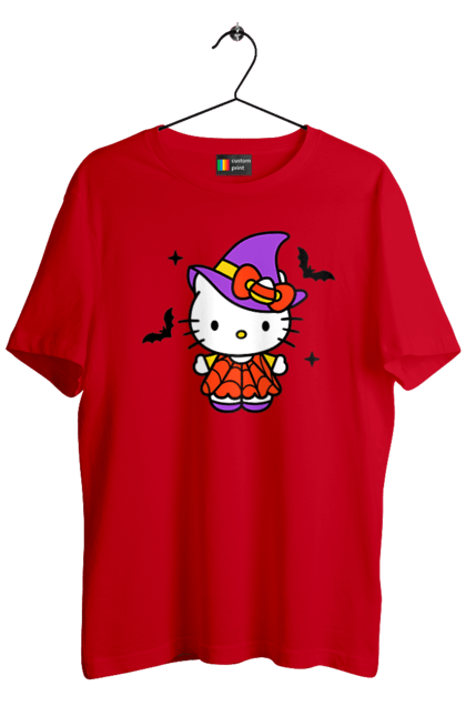 Футболка мужская с принтом Хелло Китти Хэллоуин. Halloween, hello kitty, witch, бренд, ведьма, кот, котенок, персонаж, хелло китти, хэллоуин. 2070702