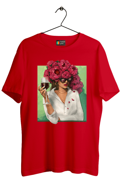 Футболка чоловіча з принтом "Дівчина з півоніями та келихом". Вино, дівчина, квітка, келих, літо, окуляри, півонії, сорочка. 2070702