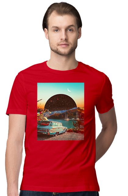 Футболка чоловіча з принтом "Картина, машина біля річки". Картина, машина, планета, прикол, ретро, річка. 2070702