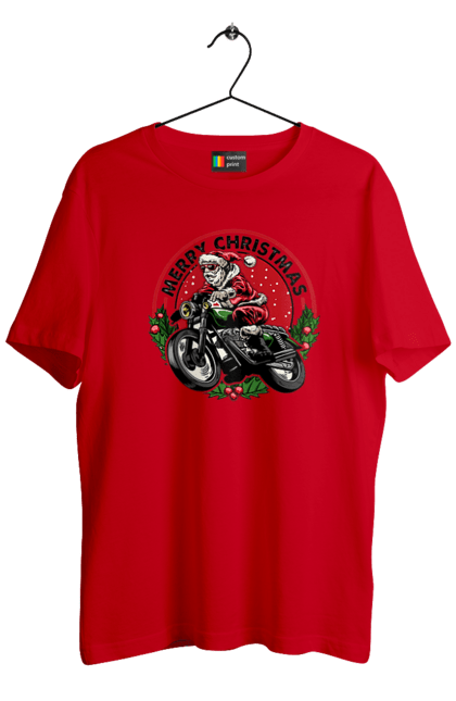 Футболка чоловіча з принтом "Щасливого Різдва, дід мороз на мотоциклі". 2022, дід мороз, зима, мотоцикл, новий рік, подарунки, різдво, санта, сніг. 2070702