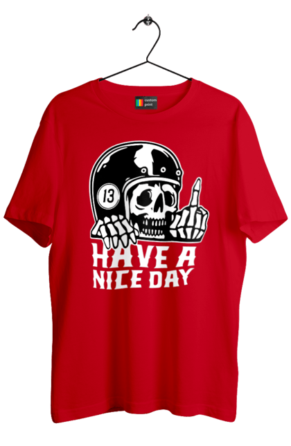 Футболка мужская с принтом Хорошего дня. Байкерская, крутая, с черепом, тринадцать, фак, хеллоуин, хорошего дня, череп. 2070702