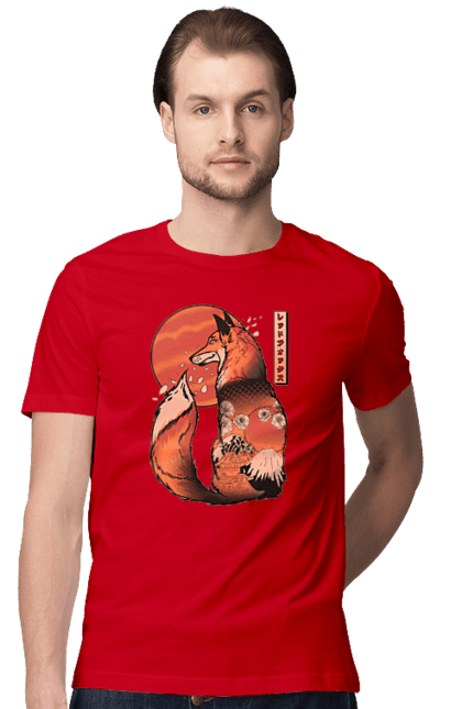 Футболка чоловіча з принтом "Кіцуне". Animal, cherry blossoms, fox, japan, japanese, kitsune, mount fuji, red fox, vintage, кіцуне. 2070702