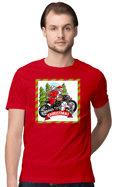 Футболка чоловіча з принтом "Санта на мотоциклі". Мотоцикл, новий рік, подарунки, різдво, санта, сніговик, ялинка. 2070702