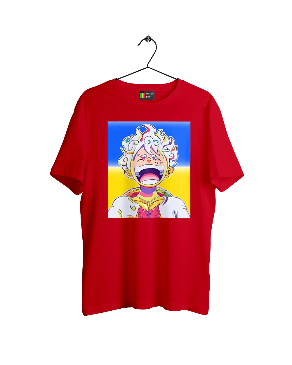 Monkey D Luffy laughing on a yellow blue background