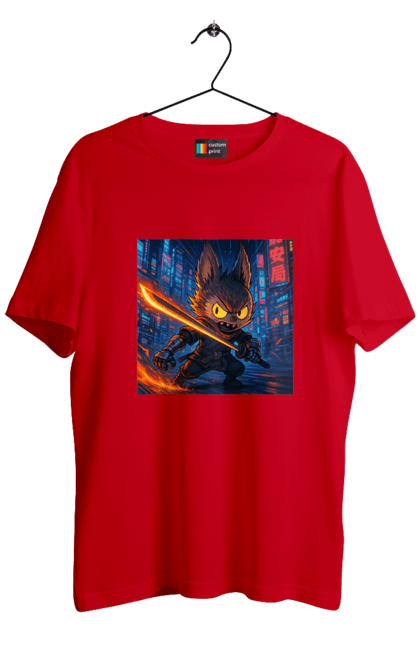 Футболка чоловіча з принтом "Лабубу". Аніместиль, дія, катана, кіберніндзя, кіберпанк, лабубу, меч, неонове місто, очі` що світяться. 2070702