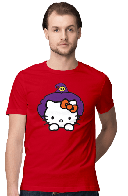 Футболка мужская с принтом Хелло Китти Хэллоуин. Halloween, hello kitty, witch, бренд, ведьма, кот, котенок, персонаж, хелло китти, хэллоуин. 2070702