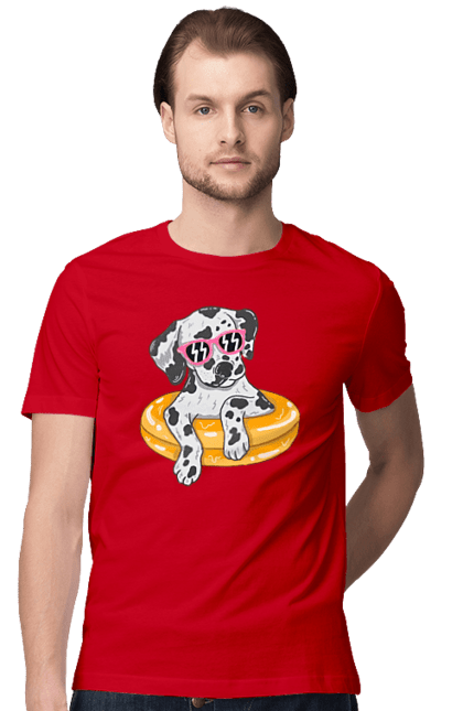 Футболка чоловіча з принтом "Далматинець Плаває У Колі". Далматинець, окуляри, плавати, собака. 2070702