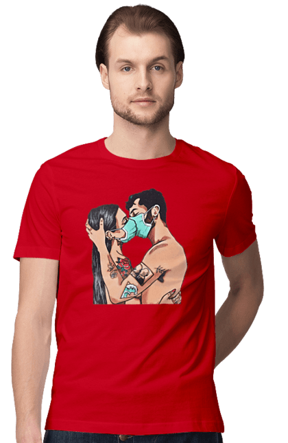 Men`s t-shirt with prints Coronavirus Love. Coronavirus, kiss, love, mask, quarantine. 2070702