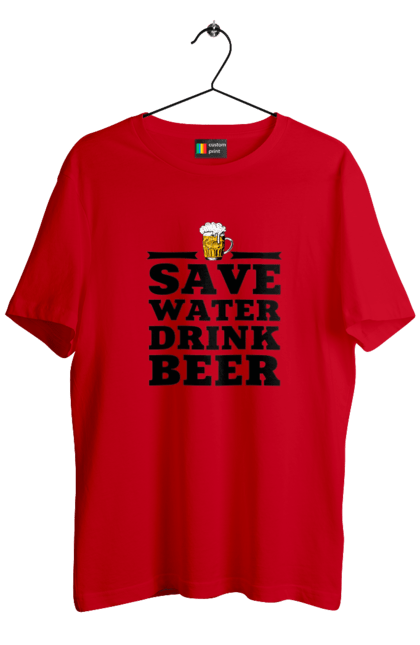 Футболка чоловіча з принтом "Бережи воду, пий пиво (чорна)". 18+, алкоголь, бар, гумор, любителям писа, меми, пиво, приколи, текст, чоловікам. 2070702
