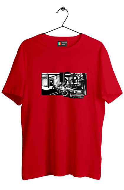 Футболка чоловіча з принтом "Небезпечний Автомобіль на дорогах вулиць". Автомобіль, гонки, машина, небезпечний, чорно білий, швидкий. 2070702