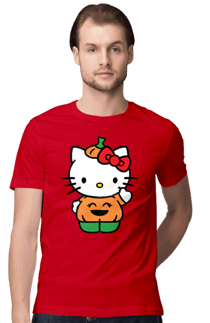 Футболка мужская с принтом Хелло Китти Хэллоуин. Halloween, hello kitty, бренд, котенок, персонаж, тыква, хелло китти, хэллоуин. 2070702