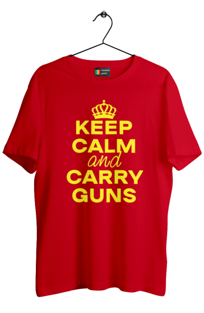 Футболка чоловіча з принтом "Зберігайте Спокій та Носіть Зброю". Брутальні, зберігайте спокій, меми, носіть зброю, популярні, прикольні, тексти, тренди. 2070702