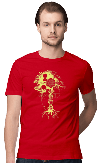 Футболка чоловіча з принтом "Древо життя". Божественна суть, ген, дерево життя, днк, макромолекула, мова світобудови, насіння життя, сакральна геометрія, число бога, число фібоначчі. 2070702