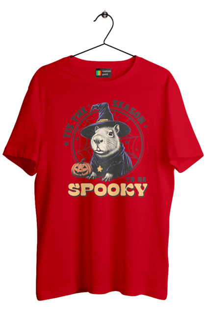 Футболка мужская с принтом Капибара Хэллоуин. Capybara, halloween, ведьма, водосвинка, грызун, животное, капибара, праздник, тыква, хэллоуин. 2070702