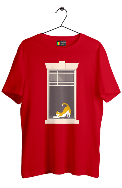 Футболка чоловіча з принтом "Кіт В Вікні". Вікно, кіт, потягушки, рудий. 2070702