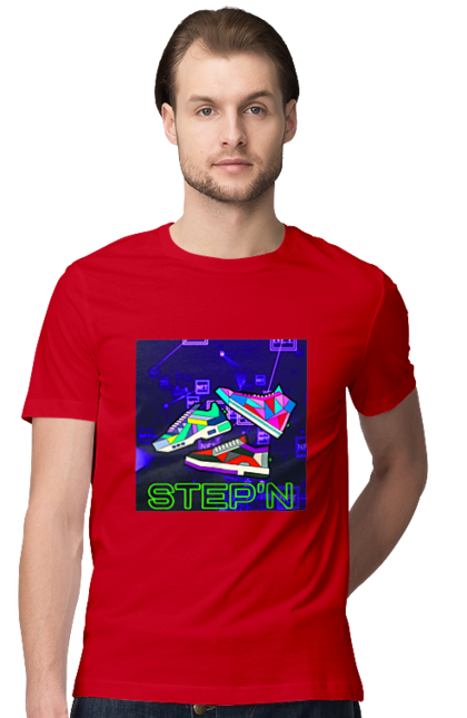Футболка чоловіча з принтом "Step`n". Віртуальні кросівки, крипта, криптовалюти, нфт, нфт кросівки, солана, степен. 2070702