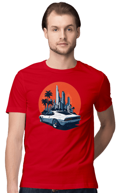 Men`s t-shirt with prints Car. Race, speed, sport car, sunset. 2070702