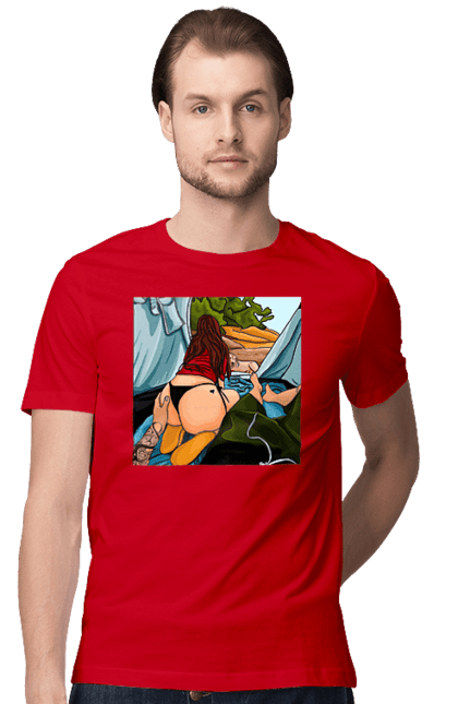 Футболка чоловіча з принтом "Відпочинок З Улюбленою У Палатці". Відпочинок, жопа, палатка, собака. 2070702