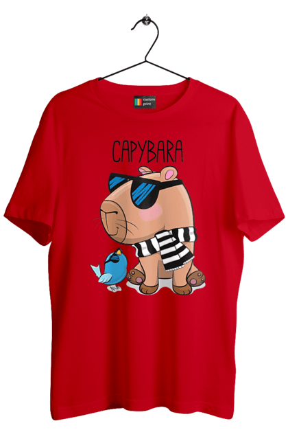 Футболка чоловіча з принтом "Стильна капібара". Капібара, модна капібара, настрій, окуляри, птах, сонячні окуляри, стильна капібара, тварина, шарф у смужку. 2070702