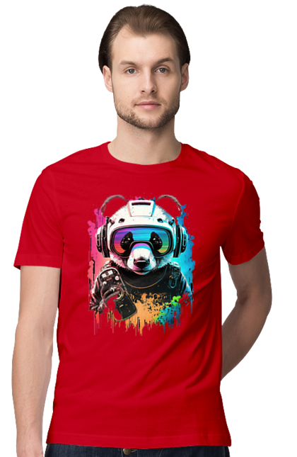 Футболка чоловіча з принтом "Панда в VR шолом". Віртуальна реальність, гік, панда, персонаж, шолом. 2070702