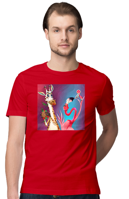 Футболка чоловіча з принтом "Жираф І Фламінго На Вечірці". Жираф, їжа, коктейль, фламінго. 2070702