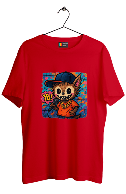 Футболка чоловіча з принтом "Лабубу". Бейсболка, вуличне мистецтво, графіті, золотийланцюг, лабубу, мікрофон, міський стиль, репатмосфера, хіпхоп, яскраво. 2070702