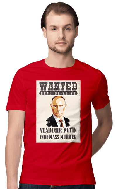 Футболка чоловіча з принтом "Розшук Гаага". Путин, розшук гаага, розшук путин, хуйло. ART принт на футболках