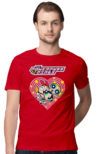 Men's t-shirt with prints Powerpuff Girls. Animated series, blossom, bubbles, buttercup, cartoon network, cool girls, heart, powerpuff girls. 2070702