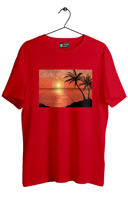 Футболка мужская с принтом Закат Пальмы Море. Берег, закат, море, пальмы. 2070702