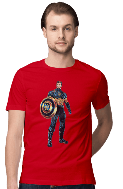 Футболка чоловіча з принтом "Капітан Україна Зеленський арт". Володимир зеленський, зеленський, капітан америка, капітан україна, україна. 2070702