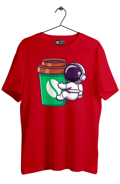 Футболка чоловіча з принтом "Космонавт з кавою". Кава, космонавт, космос, склянка. CustomPrint.market