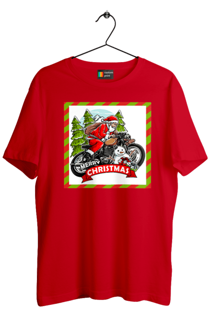 Футболка чоловіча з принтом "Санта на мотоциклі". Мотоцикл, новий рік, подарунки, різдво, санта, сніговик, ялинка. 2070702