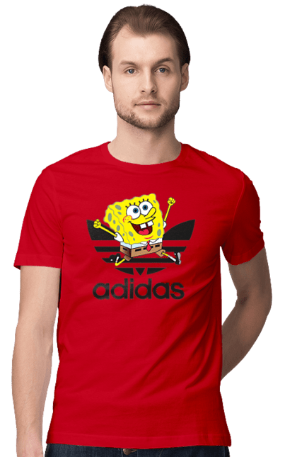 Футболка мужская с принтом Adidas Губка Боб. Adidas, spongebob, адидас, баскетбол, губка боб, мультик, мультсериал, мяч, спанч боб, спорт. 2070702