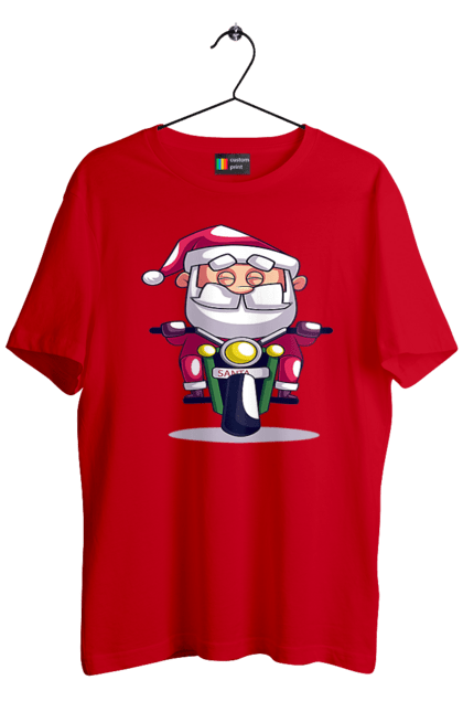 Футболка чоловіча з принтом "Щасливий Санта на мотоциклі". 2022, дід мороз, зима, мотоцикл, новий рік, різдво, санта, сніг. 2070702