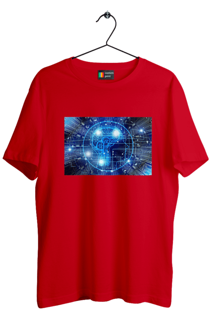 Футболка чоловіча з принтом "Штучний інтелект". Айті, айтішник, гік, знання, інженер, інтелект, кібер, кібернетика, кіборг, код, комп, комп`ютерник, кристал, машинне навчання, мікросхема, мозок, портрет, програміст, професіонал, професія, розробник, розум, хакер, чіп, штучний інтелект, штучний розум. 2070702