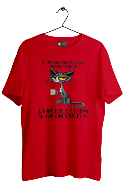 Футболка чоловіча з принтом "Як це пережити?". Велика склянка, випий, все відмінно, йди нахуй, кіт і кухоль, налий, роздум, смоктати, як це подолати. 2070702