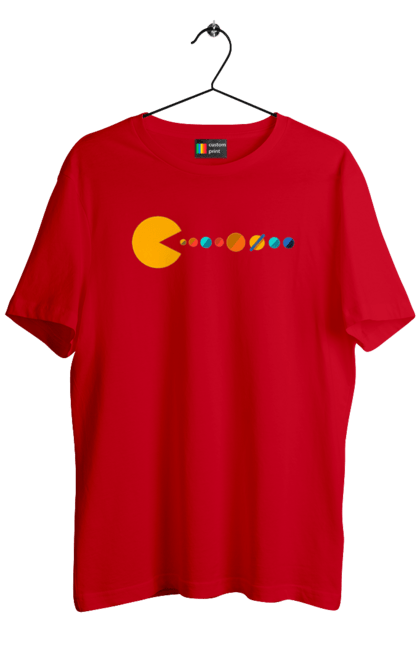 Футболка чоловіча з принтом "Pac Man Planets". Atari, namco, pac man, аркадна відеогра, відеогра, комп`ютерна гра, космос, лабіринт, планети, сонячна система. 2070702