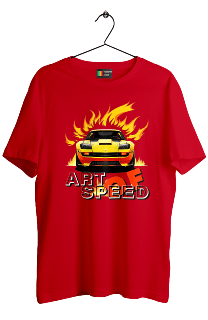 Футболка чоловіча з принтом "Машина у вогні". Автомобіль, вогонь, спортивна машина, спортивний автомобіль, швидкість. 2070702