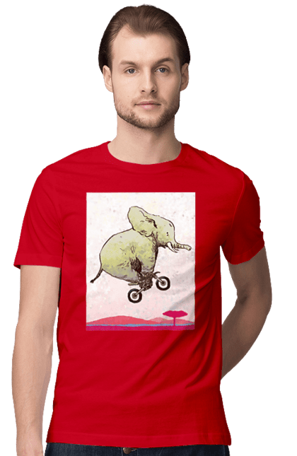 Футболка чоловіча з принтом "Слон На Мотоциклі". Мотоцикл, політ, слон. 2070702