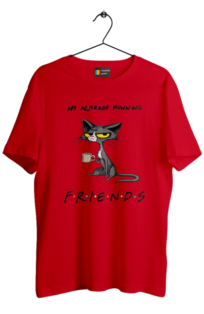 Футболка чоловіча з принтом "Друзі, вже біжу". Вже біжу, відвали, друзі, йди нахуй, кіт з чашкою, не вчіть жити, пародія серіал, сам собі друг, самотність сука, серіал кіт. 2070702
