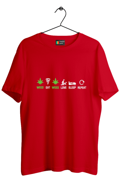 Футболка чоловіча з принтом "Їсти , любити, спати, повторити". Їсти, коноплі, любов, піца, повторити, секс, сон, спати, трава. 2070702